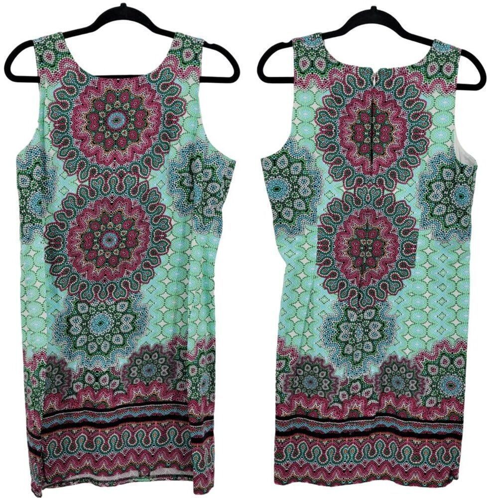 Vintage Maggie L Dress 14 Green Cotton Stretch India Medallion Sleeveless Shift‎